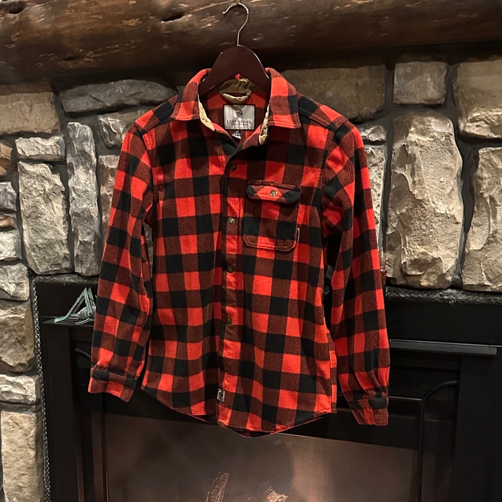 Boys Legendary Whitetails Red & Black Checkered Plaid Heavy Button Fleece Shirt